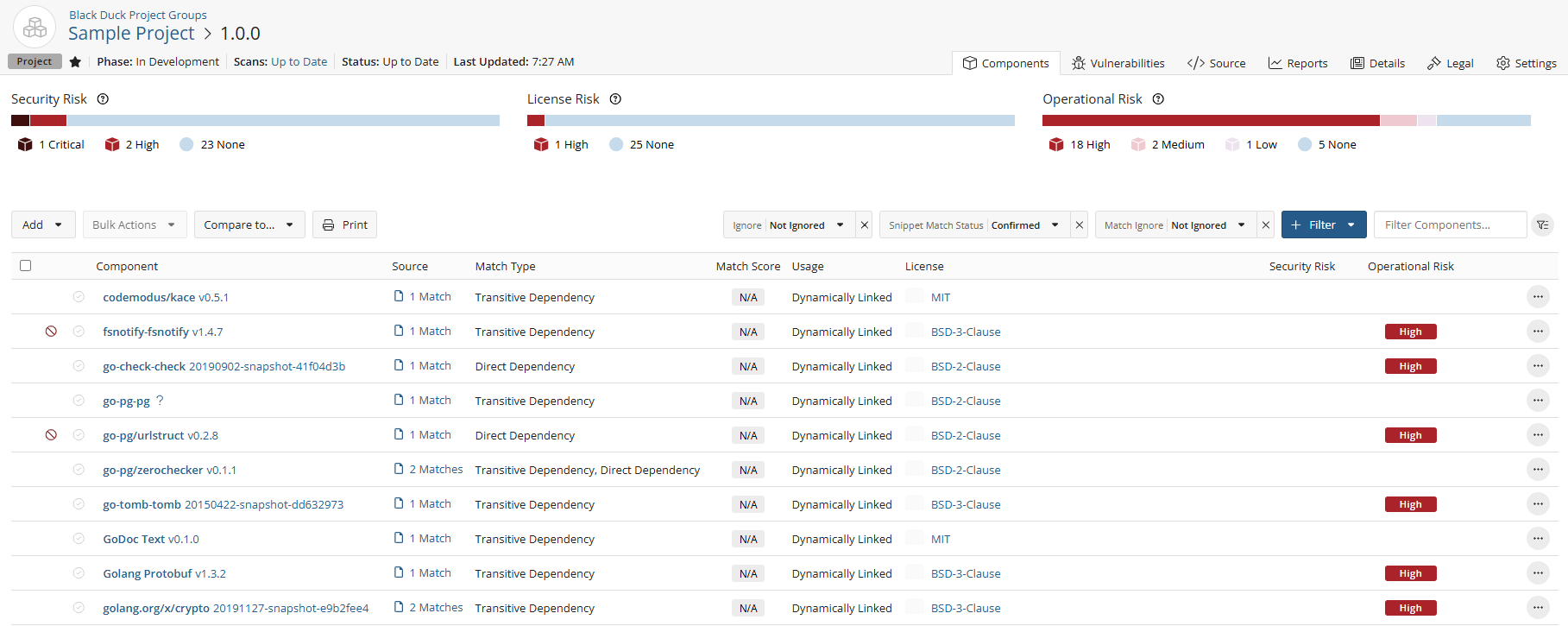 project version page/Components tab