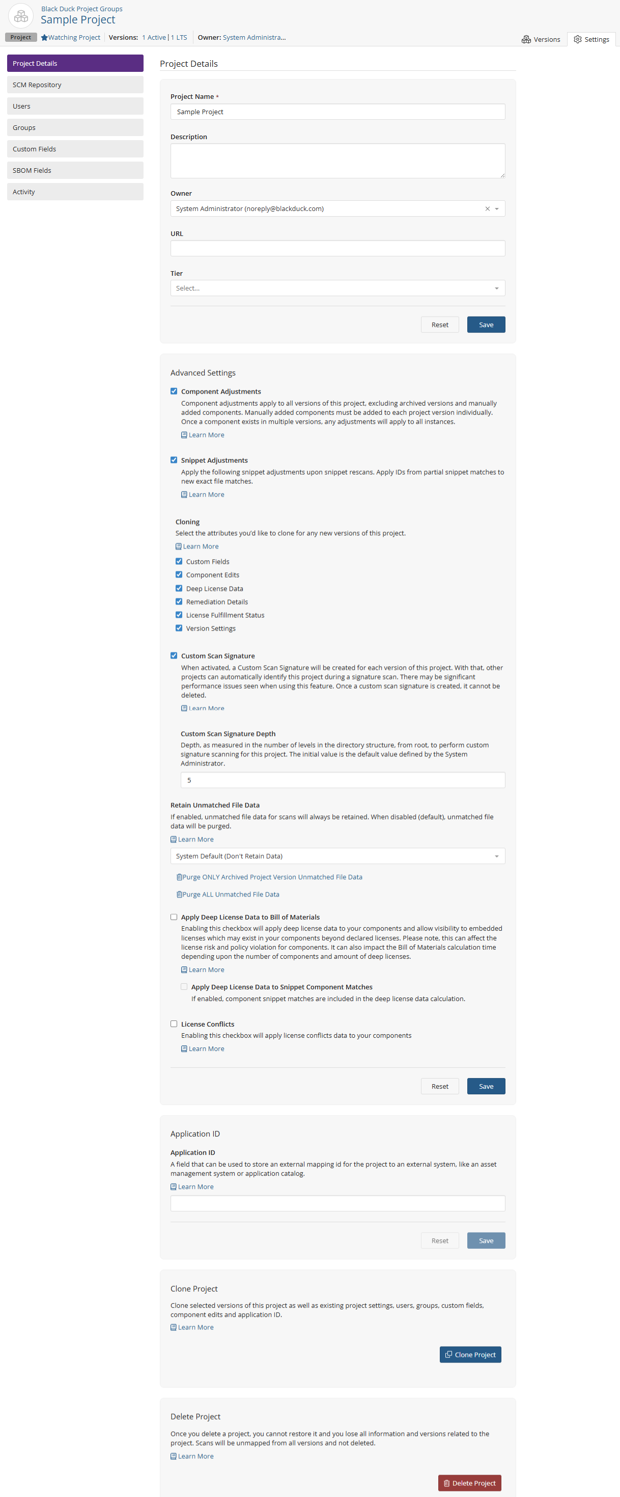 Project page Settings tab