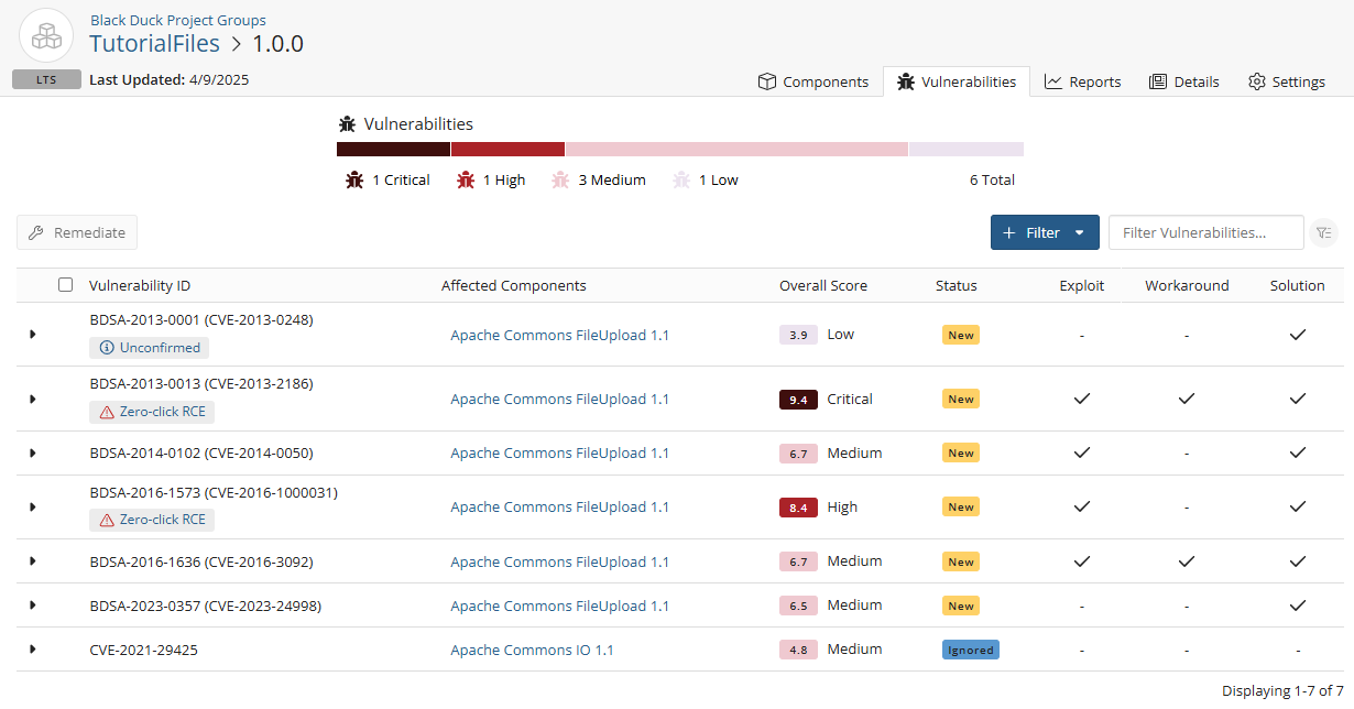 LTS Vulnerability tab